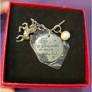 "She Believed She Could So She Did" Necklace Unicorn Faux Pearl Silver Tone, NEW